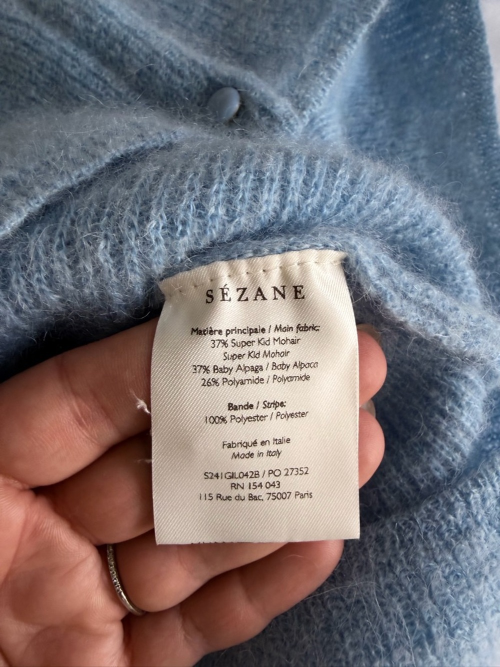 Sezane "Barry" Super Kid Mohair Baby Alpaca Light Blue V-Neck Cardigan Sweater - Picture 14 of 17
